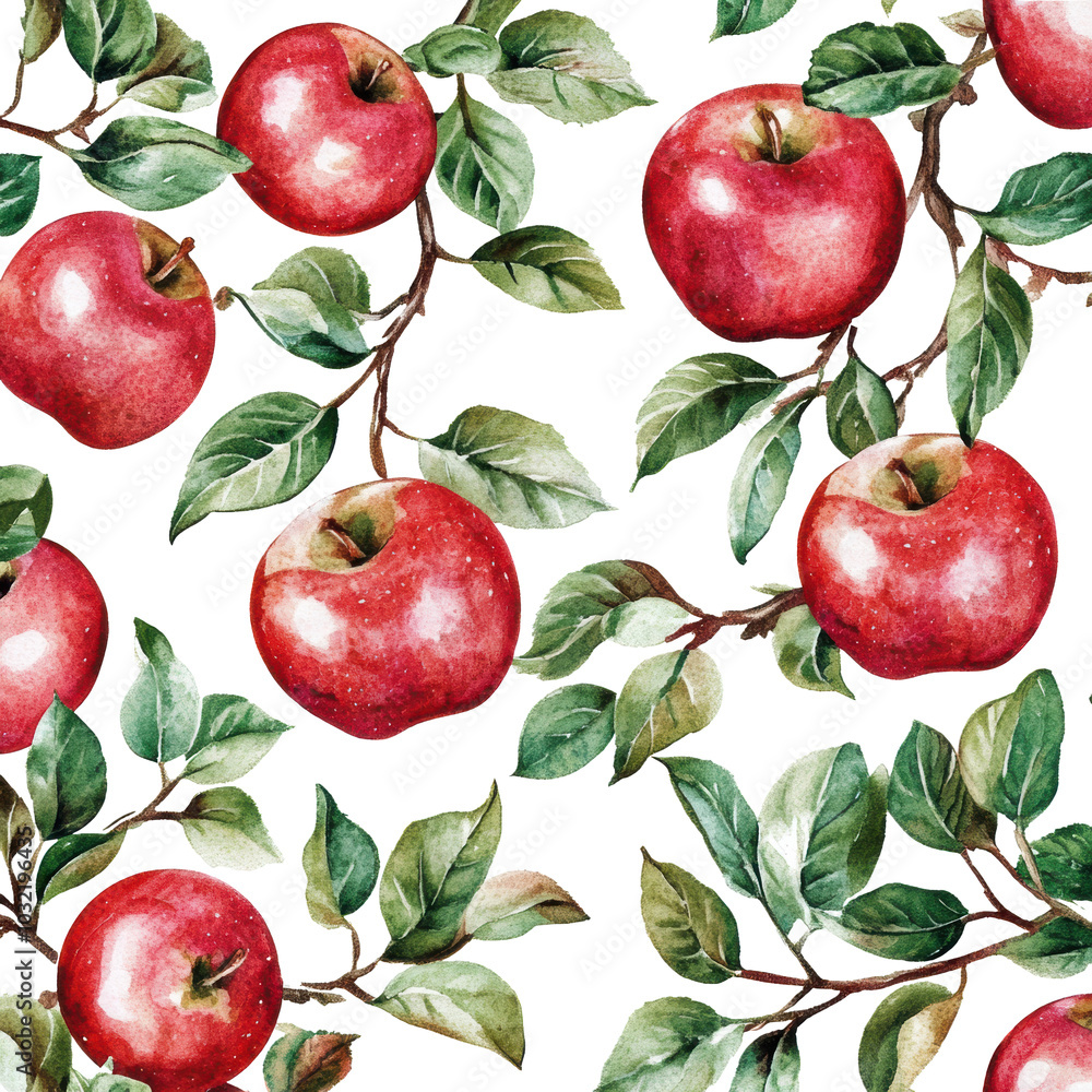 Red apples and green leaves pattern on a white background Red apples and green leaves pattern on a white background
