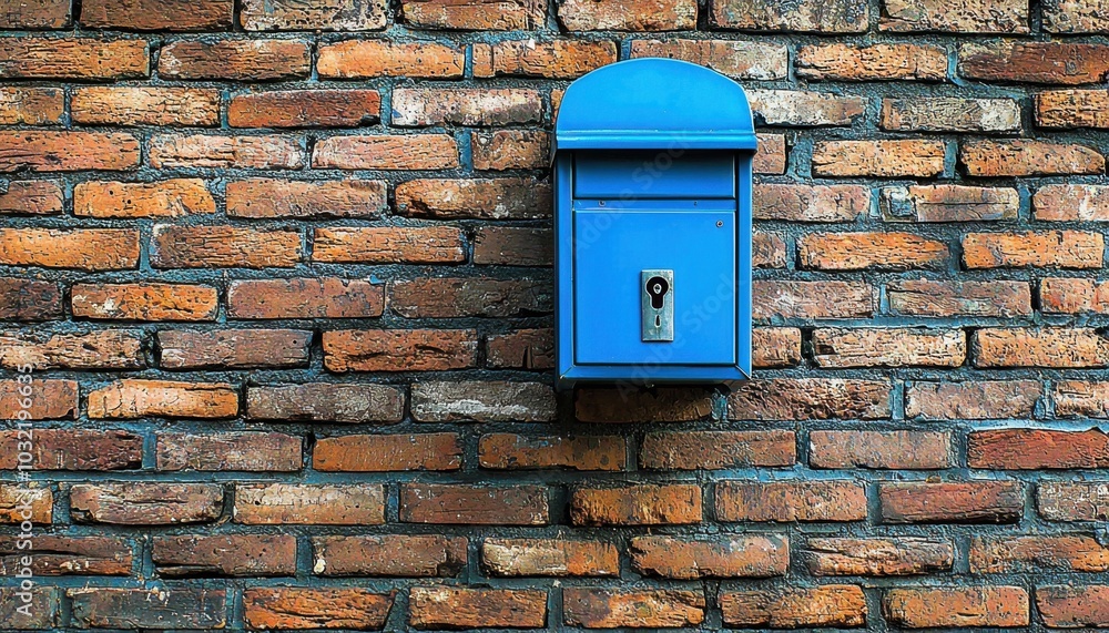 A bright blue mailbox mounted on a textured brick wall, serving as a collection point for letters and packages. A bright blue mailbox mounted on a textured brick wall, serving as a collection point for letters and packages.