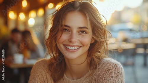 A young woman with a warm smile sits in a cafe, bathed in soft sunlight.