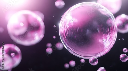 Colorful, translucent bubbles float in a dreamy, soft-focus background, creating a whimsical and ethereal atmosphere.