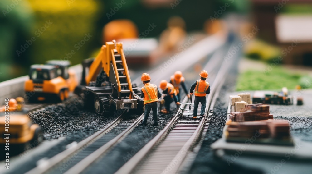Fototapeta premium Miniature construction workers in orange helmets work on tiny roads and bridges in a detailed urban landscape, symbolizing teamwork and precision