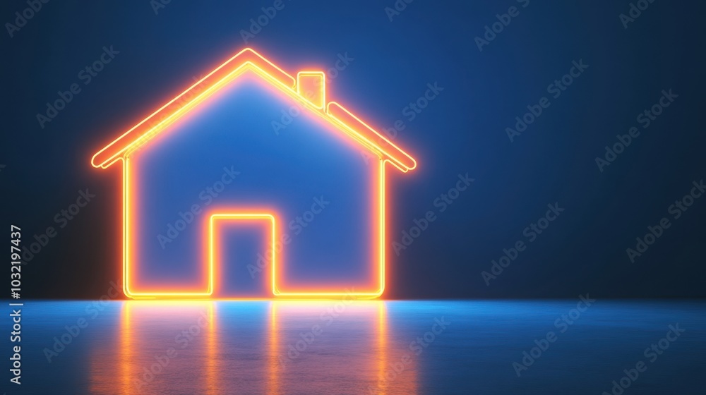 Neon house outline glowing in orange against a calm blue background, symbolizing home and safety. Neon house outline glowing in orange against a calm blue background, symbolizing home and safety.