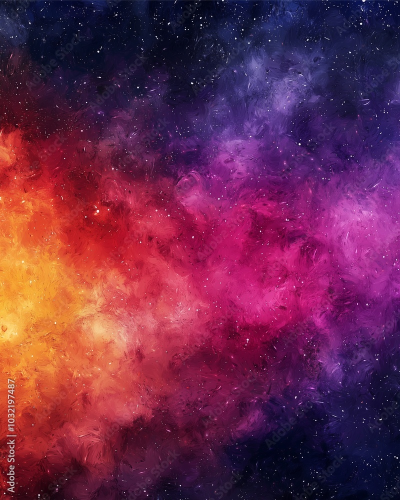 Naklejka premium A vibrant celestial scene featuring swirling colors of orange, pink, and purple, set against a backdrop of twinkling stars in the deep cosmos.