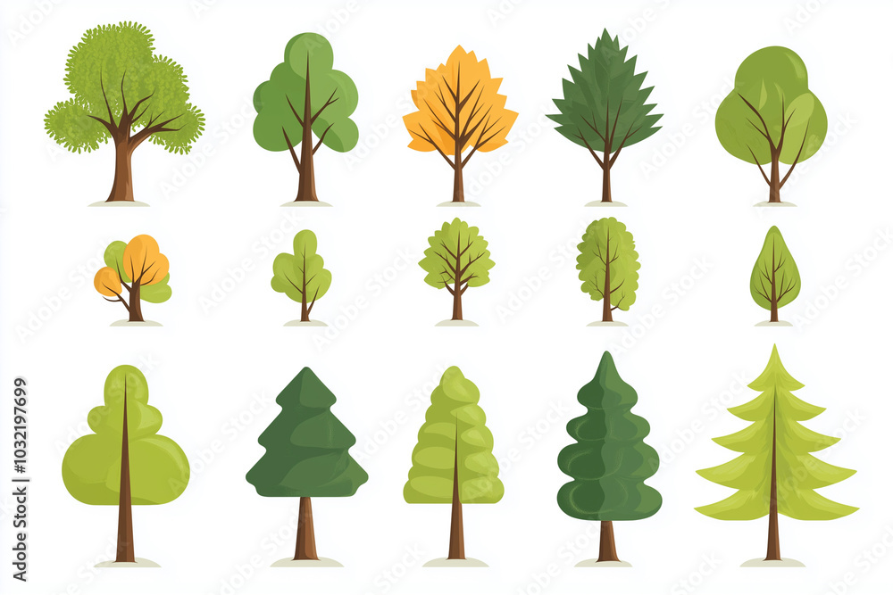 Fototapeta premium ollection of trees in various sizes and shapes. The trees are all green and are spread out across the image