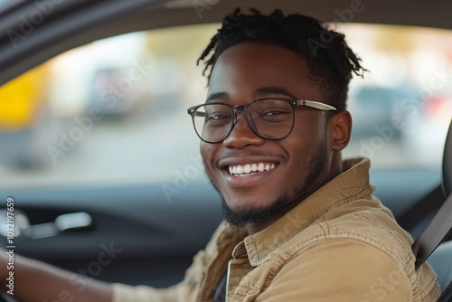 A cheerful young man driving a new car after purchasing it, sits in the driver's seat of the car, Generative AI