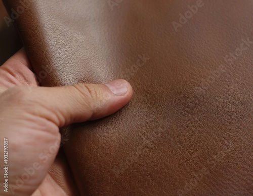 the hand of a man carefully examining a piece of brown leather. generative ai