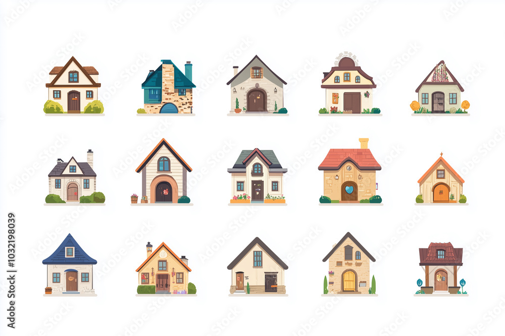 collection of houses with different styles and colors. Some are small and some are large. The houses are all lined up in a row collection of houses with different styles and colors. Some are small and some are large. The houses are all lined up in a row