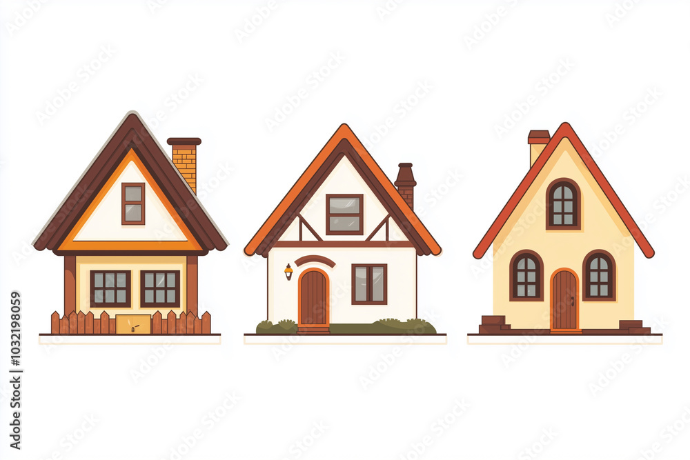 Three houses with different colors and designs. The houses are all different sizes and have different features. The first house is yellow, the second is white, and the third is blue Three houses with different colors and designs. The houses are all different sizes and have different features. The first house is yellow, the second is white, and the third is blue