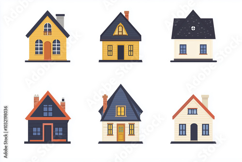  houses with different colors and styles. The houses are all different sizes and have different features, such as a chimney, a window, and a door. The houses are all lined up next to each other