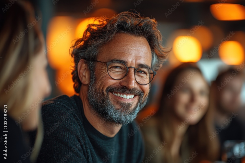 A man with a beard and glasses smiles at the camera while sitting at a table with friends. A man with a beard and glasses smiles at the camera while sitting at a table with friends.