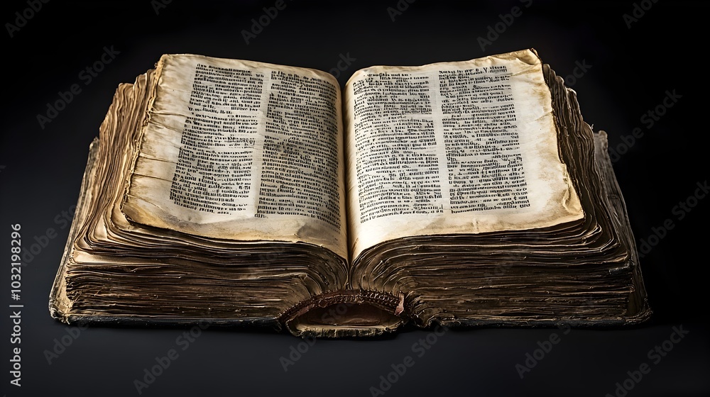 Fototapeta premium Vintage Open Book on Dark Wooden Table with Detailed Text and Pages