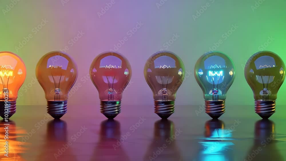 Row of colorful lightbulbs on reflective surface, creative innovation concept. Row of colorful lightbulbs on reflective surface, creative innovation concept.