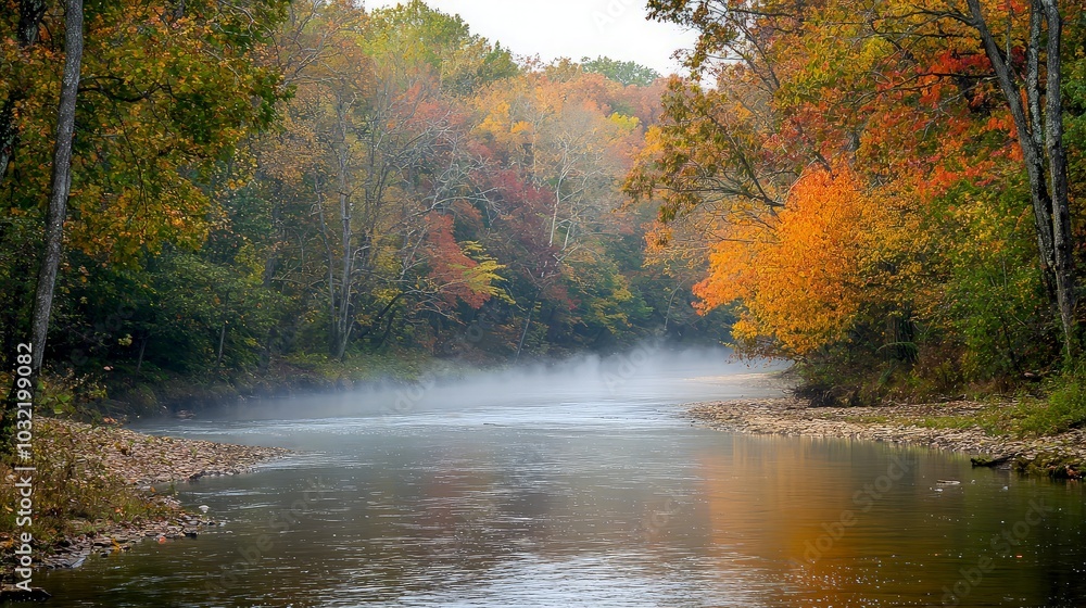 A winding river flows through a misty forest with vibrant autumn foliage. A winding river flows through a misty forest with vibrant autumn foliage.