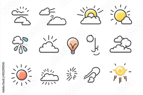 image is a collection of various weather icons, including clouds, sun, and rain. The icons are arranged in a grid, with some overlapping each other. Scene is one of a range of weather conditions photo