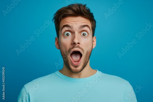 Portrait of young happy positive excited crazy shocked amazed man see big sale isolated on blue color background, Generative AI photo