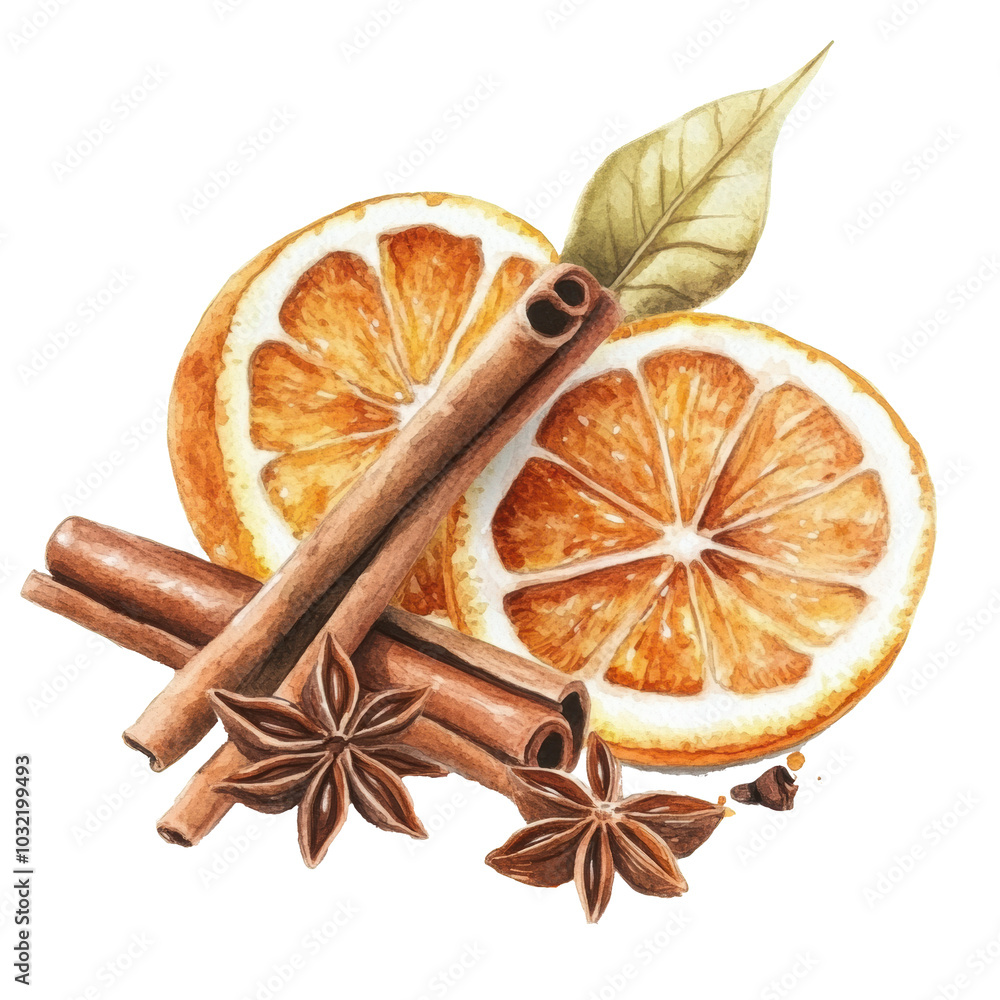 Sliced orange with cinnamon sticks and star anise arranged artfully Sliced orange with cinnamon sticks and star anise arranged artfully
