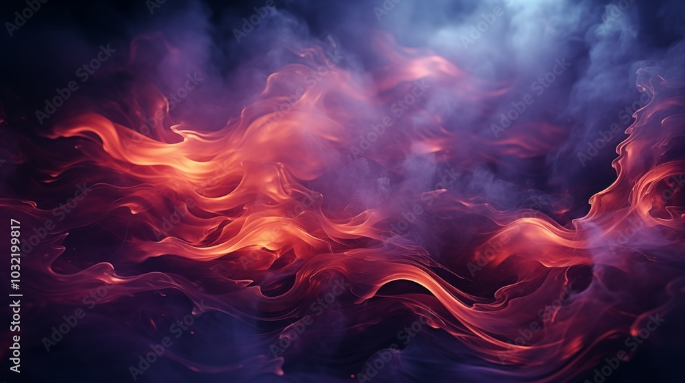Fototapeta premium Mystical mist. Swirling smoke in dark and light symphony. Fluid fantasia. Abstract dance of fog and light on floor with black background