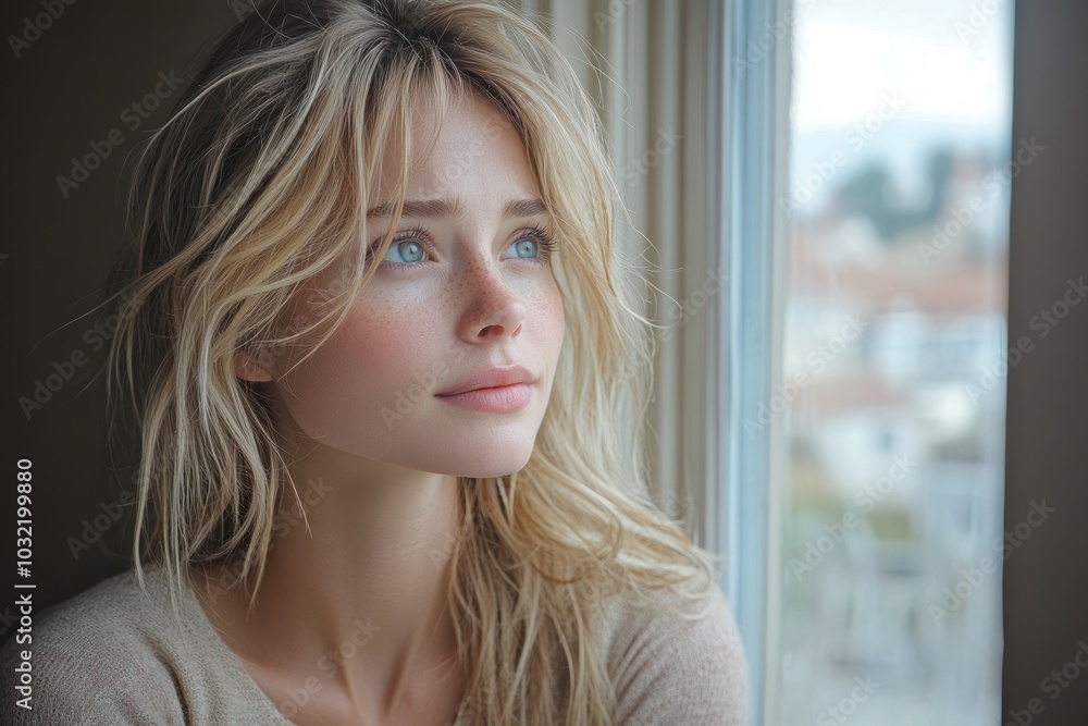 Young woman with long blonde hair looking out the window. Young woman with long blonde hair looking out the window.