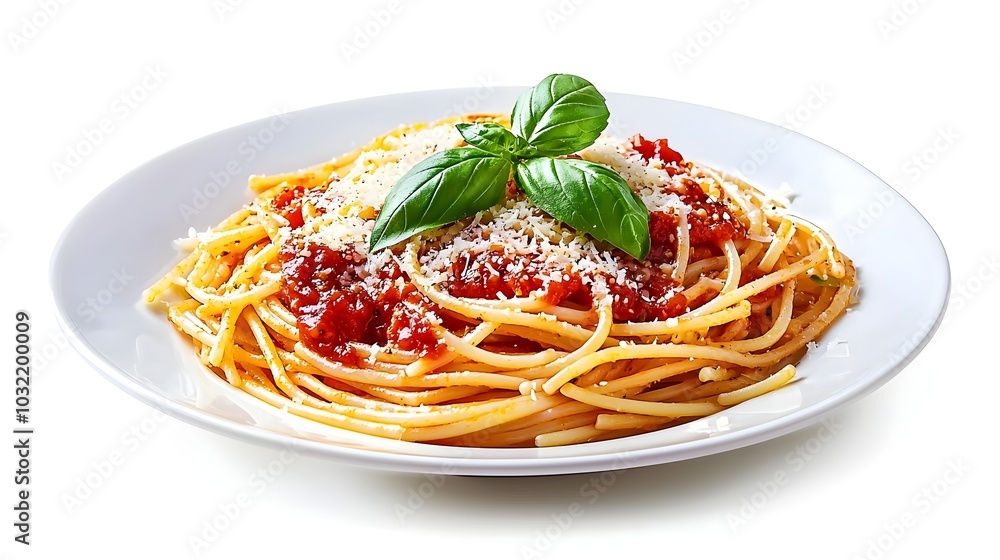Mouthwatering Spaghetti Marinara Pasta Dish with Fresh Basil and Parmesan on White Background Mouthwatering Spaghetti Marinara Pasta Dish with Fresh Basil and Parmesan on White Background