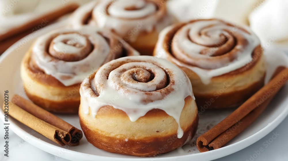 A cinnamon rolls with creamy icing on a pristine white plate A cinnamon rolls with creamy icing on a pristine white plate