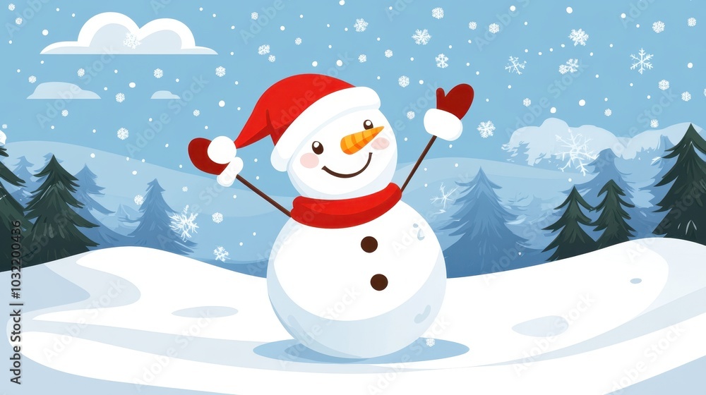 Snowman wearing a red Santa hat, happily waving in a snowy landscape, bringing a festive touch to the wintry scene. Snowman wearing a red Santa hat, happily waving in a snowy landscape, bringing a festive touch to the wintry scene.