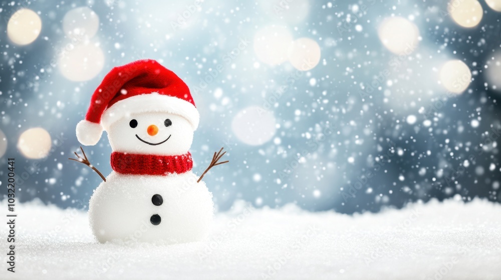 Snowman wearing a red Santa hat, happily waving in a snowy landscape, bringing a festive touch to the wintry scene. Snowman wearing a red Santa hat, happily waving in a snowy landscape, bringing a festive touch to the wintry scene.
