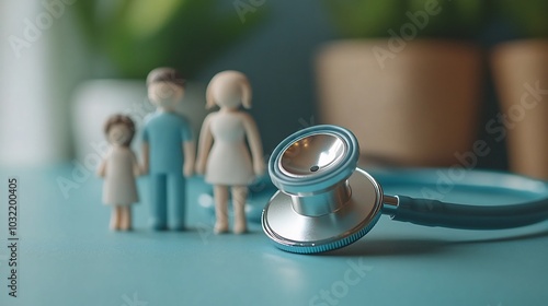 Aerial perspective of stethoscope resting on a bright cyan surface accompanied by 3D family icons illustrating the concept of health care insurance and family health support with room for captions