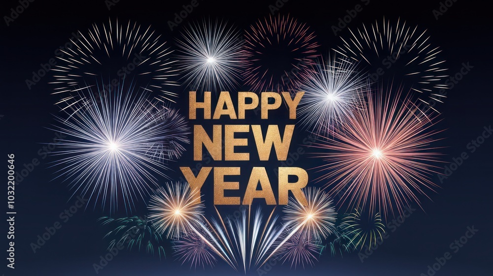Festive fireworks display with 'Happy New Year' greeting on dark background Festive fireworks display with 'Happy New Year' greeting on dark background