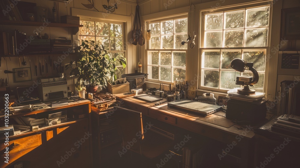 A Desk by a Window in a Sunlit Room A Desk by a Window in a Sunlit Room