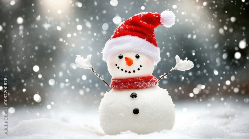 Snowman with a big red Santa hat, waving in a cheerful snowy landscape, capturing the essence of holiday magic Snowman with a big red Santa hat, waving in a cheerful snowy landscape, capturing the essence of holiday magic