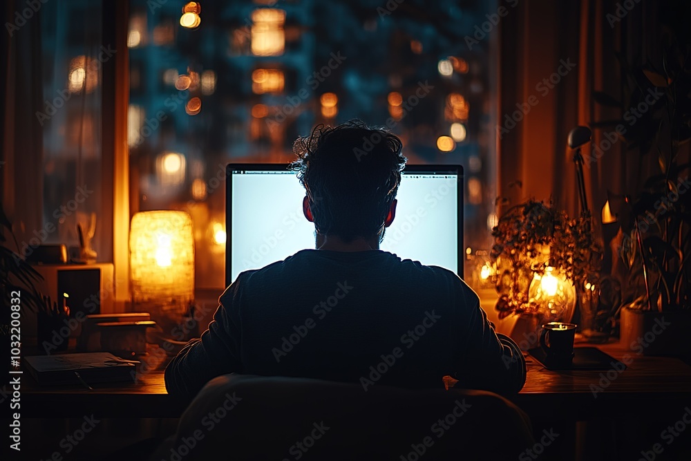 A man is sitting in front of a computer monitor in a dimly lit room