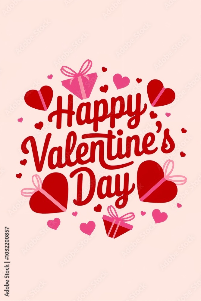Happy Valentine's Day card with red hearts and gift boxes Happy Valentine's Day card with red hearts and gift boxes