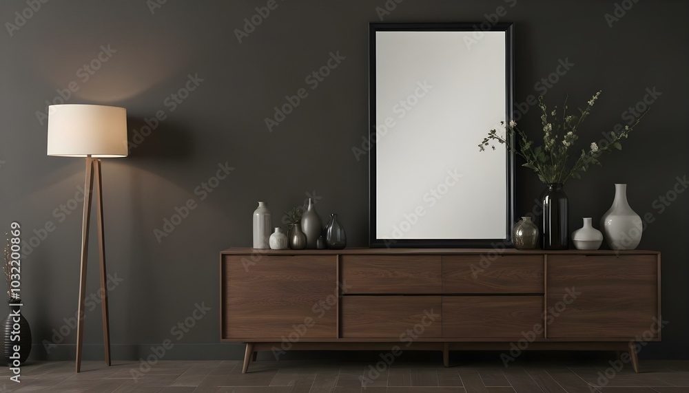 A modern wooden sideboard with a large framed mirror against a dark wall, decorated with a vase and other minimal decor items. A modern wooden sideboard with a large framed mirror against a dark wall, decorated with a vase and other minimal decor items.