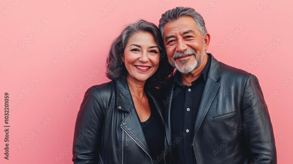 Portrait of a happy latino couple in their 50s sporting a stylish leather blazer while standing against solid pastel color wall