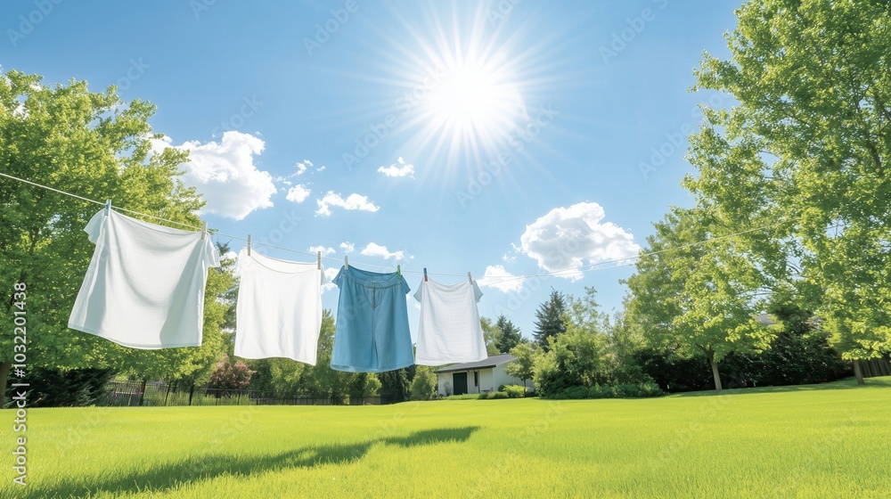 A bright, sunny day with clean laundry hanging on a clothesline in a lush green backyard. Perfect for adding a touch of everyday life to your projects. A bright, sunny day with clean laundry hanging on a clothesline in a lush green backyard. Perfect for adding a touch of everyday life to your projects.