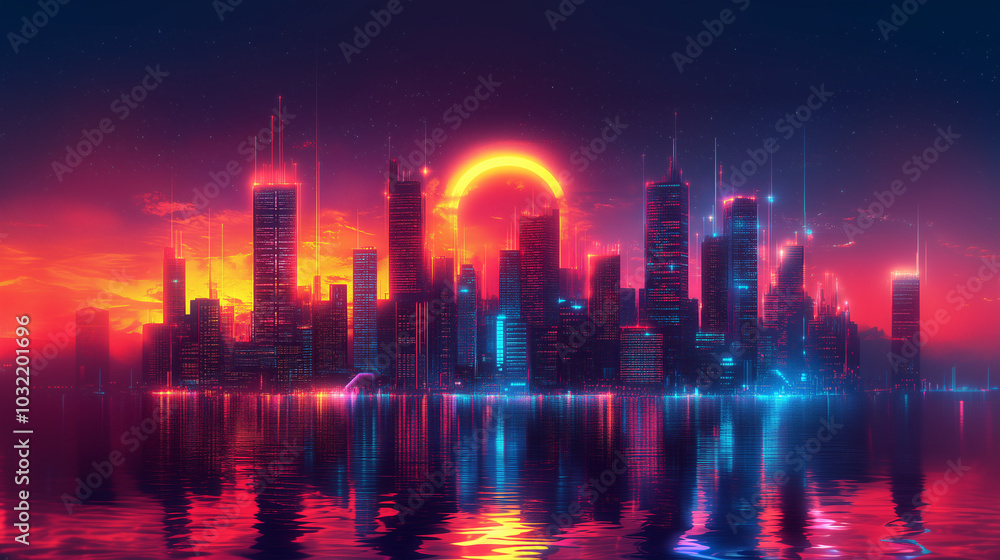 Fototapeta premium A glowing neon skyline in a cyberpunk city at twilight, featuring towering buildings and a high-contrast scene filled with futuristic elements and deep shadows.
