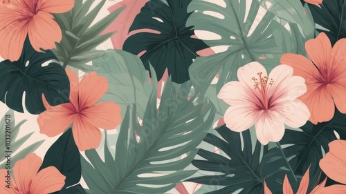 Wallpaper Mural Vibrant Tropical Hibiscus Floral Pattern Torontodigital.ca