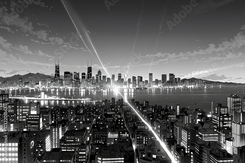 Futuristic Cyberpunk Cityscape with Illuminated Bridge and Meteor Shower