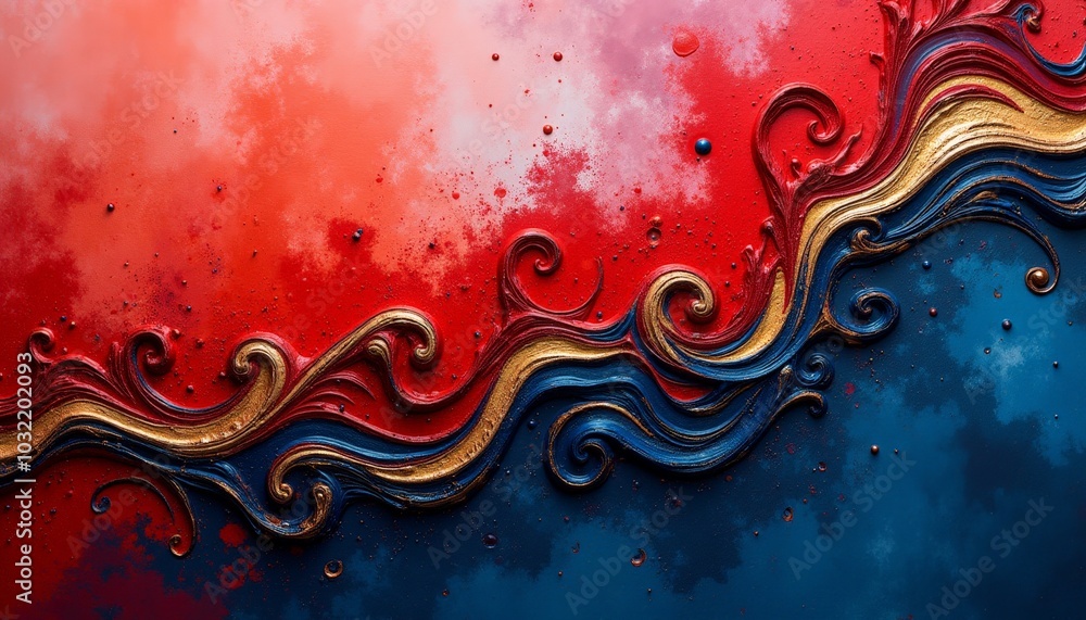 A captivating fusion of rich crimson and deep azure hues, where swirling shapes in gold bring life to a textured canvas, inviting visual exploration and imagination A captivating fusion of rich crimson and deep azure hues, where swirling shapes in gold bring life to a textured canvas, inviting visual exploration and imagination