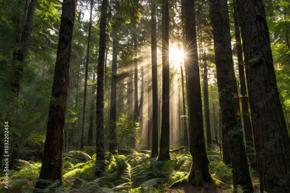 Obraz premium Sunlit Forest with Lush Green Ferns and Tall Trees