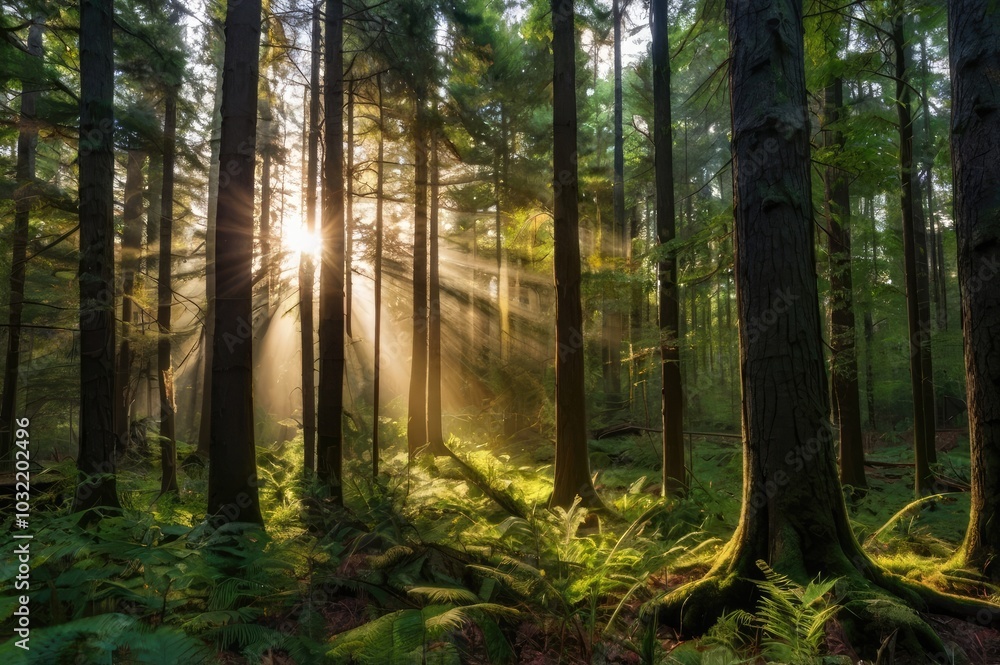 Fototapeta premium Sunlit Forest with Lush Green Ferns and Tall Trees