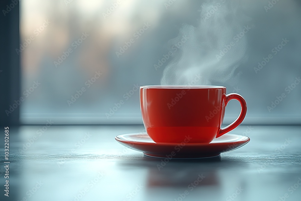 Obraz premium A red coffee cup with steam rising from it sits on a white plate