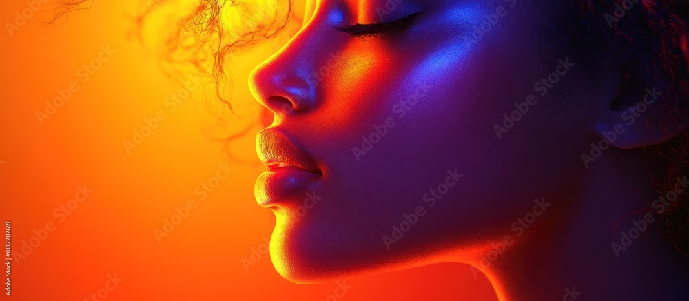 Close-up profile of a woman's face illuminated by a colorful neon light. Close-up profile of a woman's face illuminated by a colorful neon light.