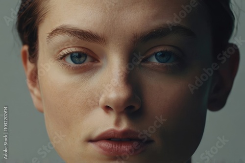 Extreme close up portrait of young woman with blue eyes
