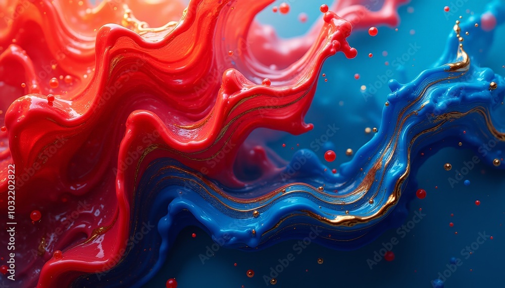 Vibrant red and tranquil blue intertwine in a fluid dance, enhanced by shimmering golden highlights that catch the light, creating an enchanting visual experience Vibrant red and tranquil blue intertwine in a fluid dance, enhanced by shimmering golden highlights that catch the light, creating an enchanting visual experience