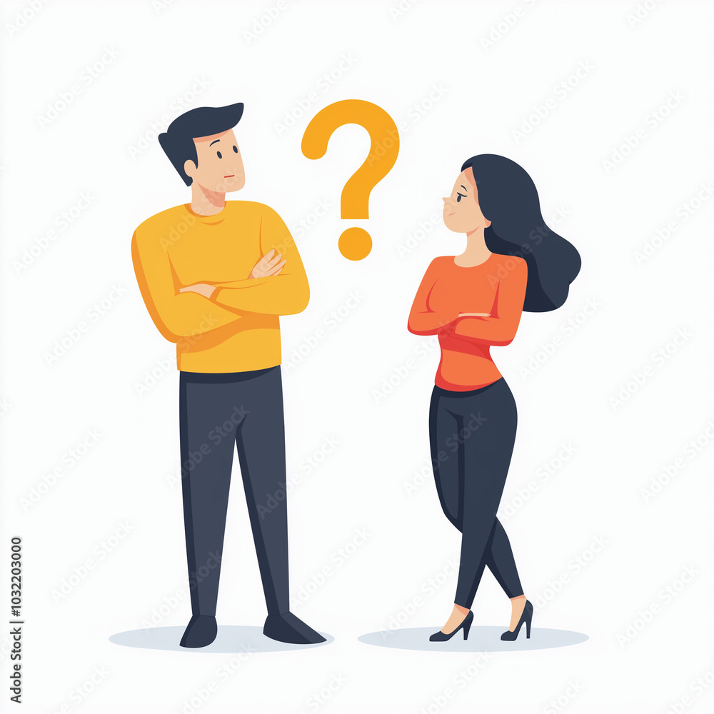 Two curious individuals, deep in thought, with a question mark symbolizing their pondering, set against a striking orange backdrop. Two curious individuals, deep in thought, with a question mark symbolizing their pondering, set against a striking orange backdrop.