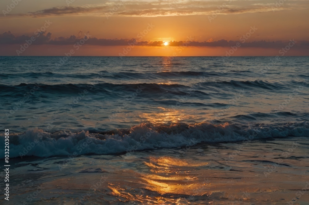 Obraz premium Serene Ocean Sunset with Vibrant Colors - Peaceful Waves and Dramatic Sky