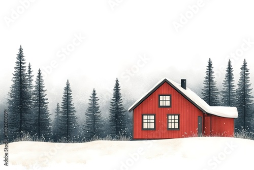 A red house with a chimney sits in a snowy field