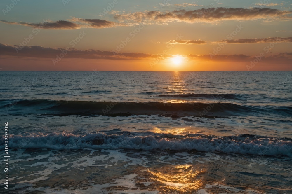 Obraz premium Serene Ocean Sunset with Vibrant Colors - Peaceful Waves and Dramatic Sky