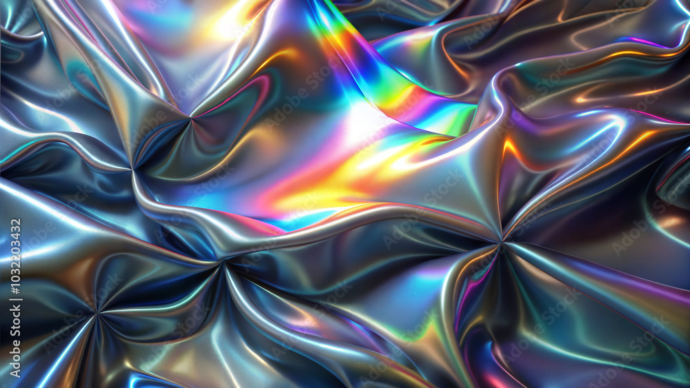Iridescent metallic fabric with vibrant rainbow reflections. Iridescent metallic fabric with vibrant rainbow reflections.